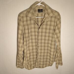 Zara Mens 16 Plaid Button Up Shirt Beige Brown Check Long Sleeve Cotton Spain